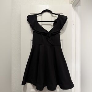 Luxxel Black Mini Dress with Ruffle V-Neck